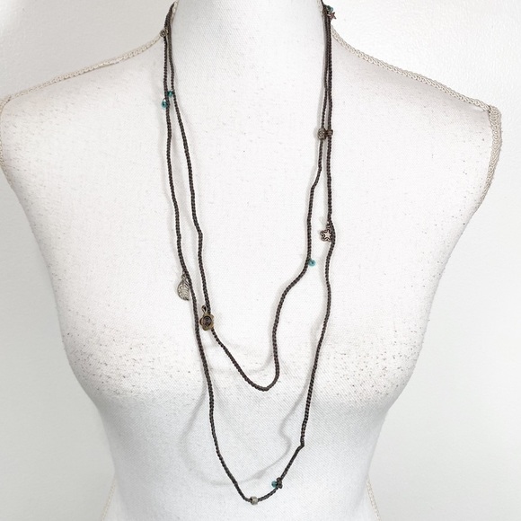 Necklace Long Brown Rope and Jade Tone Bead - Picture 1 of 8